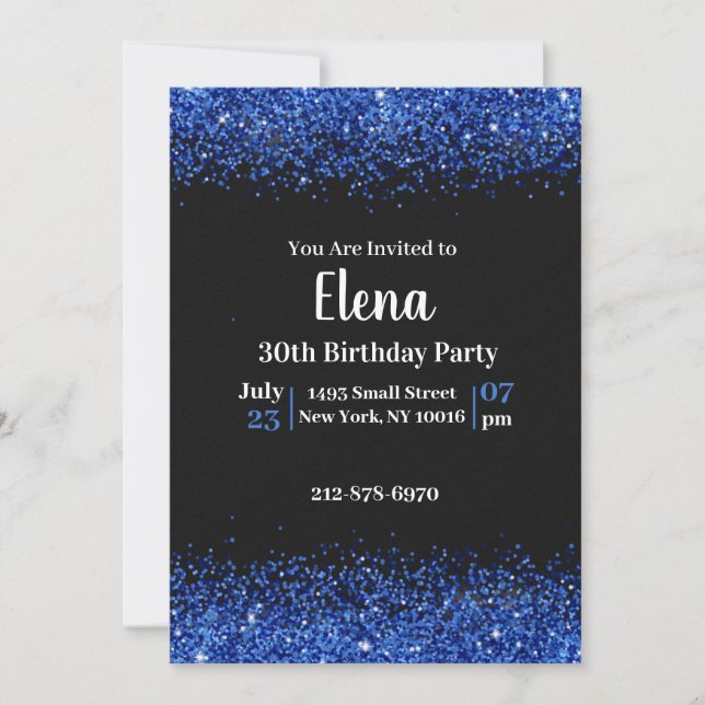 Invitation Black and Blue Elegant Anniversaire de fête Invita (Devant)