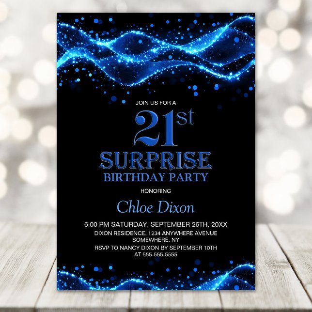 Invitation Black and Blue Surprise 21e fête d'anniversaire (Créateur téléchargé)