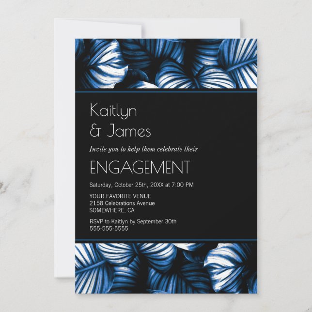 Invitation Black and Blue Tropical Palm Engagement Party (Devant)