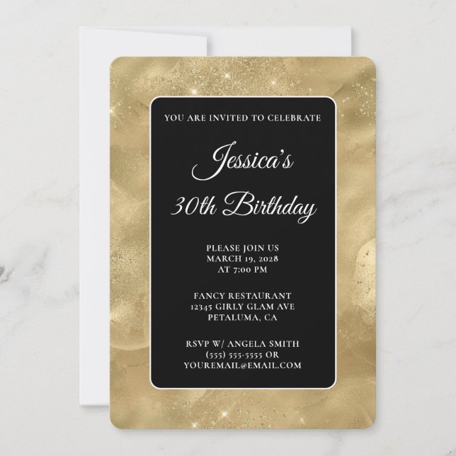 Invitation Black and Glittery Gold Ink 30th Birthday (Devant)