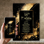 Invitation Black and Gold 18th Birthday Party<br><div class="desc">Invitation vos amis et proches à votre 18ème anniversaire avec cette invitation moderne de fête d'anniversaire noir et or. La zone de texte personnalisable de ce modèle d'invitation vous permet d'inclure sans effort tous les détails nécessaires à votre fête d'anniversaire, y compris la date, l'heure, le lieu et les informations...</div>