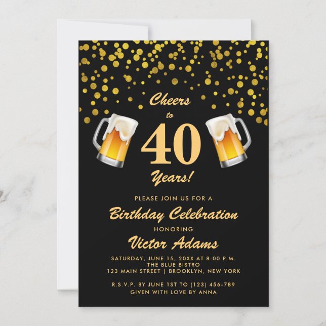 Invitation Black and Gold 40e anniversaire | Courses et bière (Devant)