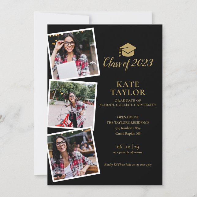 Invitation Black And Gold 4 Photo Graduation Party (Devant)
