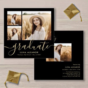 Invitation Black and Gold 4 Photo Graduation Party