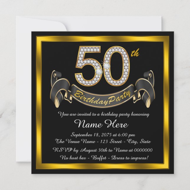 Invitation Black and Gold 50th Birthday Party (Devant)