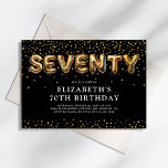 Invitation Black and Gold 70th Birthday Balloons<br><div class="desc">Invitation moderne de 70ème anniversaire avec un arrière - plan noir élégant,  une diffusion de confettis de parties scintillant or,  ballons d'hélium or qui épellent "soixante-dix",  et un élégant modèle de texte de fête qui est facile à personnaliser.</div>