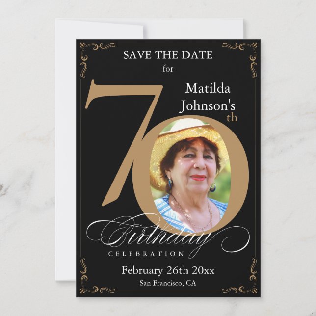 Invitation Black and Gold 70th Birthday Enregistrer la date p (Devant)