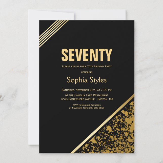 Invitation Black and Gold 70th Birthday Party (Devant)