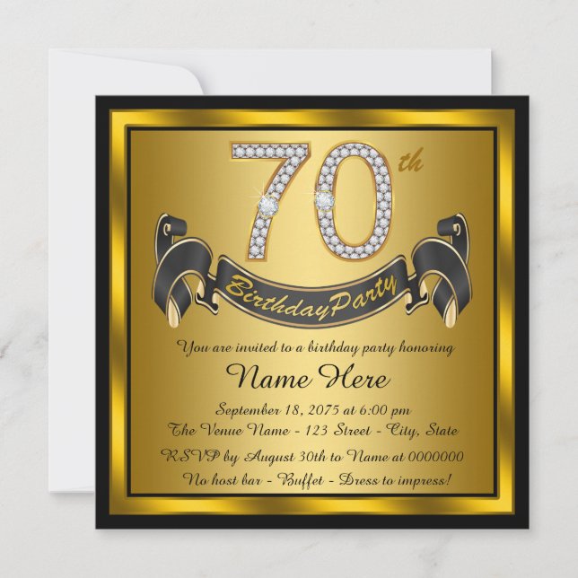 Invitation Black and Gold 70th Birthday Party (Devant)