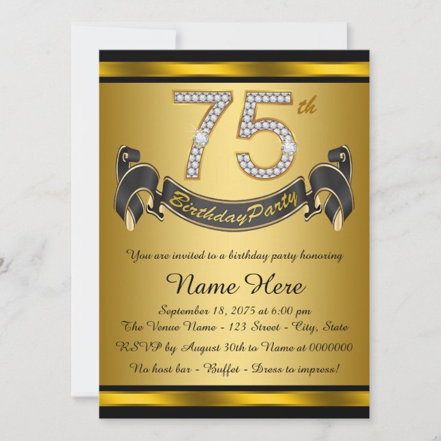 Invitation Black and Gold 75th Birthday Party (Devant)
