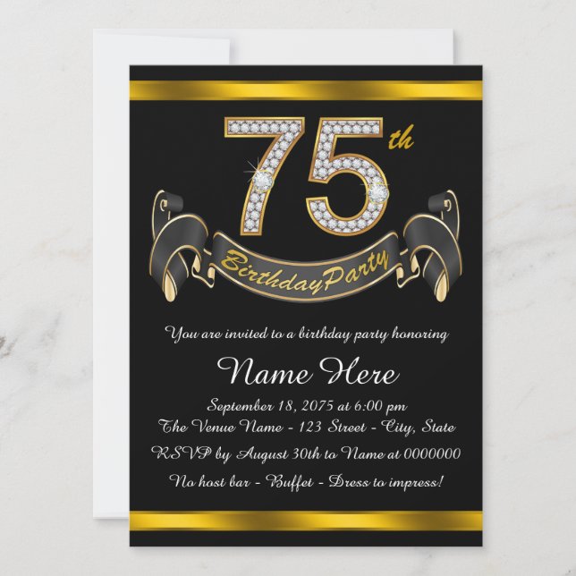 Invitation Black and Gold 75th Birthday Party (Devant)