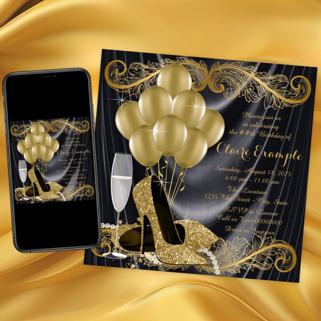 Invitation Black and Gold Anniversaire Party Hollywood Glamor (Black gold high heel shoe birthday party invitation with gold shoes, balloons, pearls on satin back.)