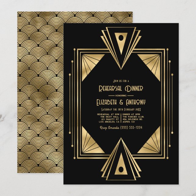 Invitation Black and Gold Art Deco Gold Rehearsal Dinner (Devant / Derrière)