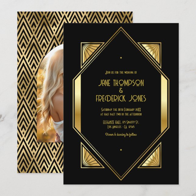 Invitation Black and Gold Art Deco Gold Wedding Photo (Devant / Derrière)