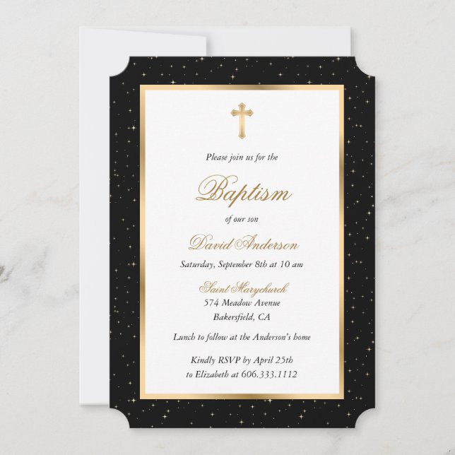 Invitation Black and Gold Cross Stars Élégant Script Baptême (Devant)