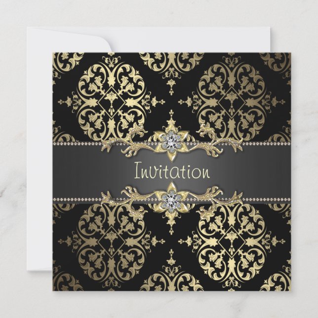 Invitation Black and Gold Damask All Occasion Party (Devant)