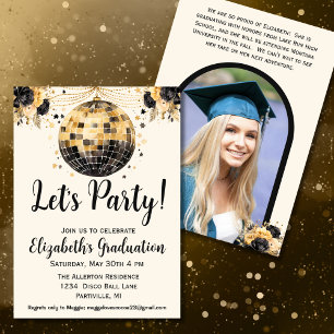 Invitation Black and Gold Disco Ball Photo Graduation Party