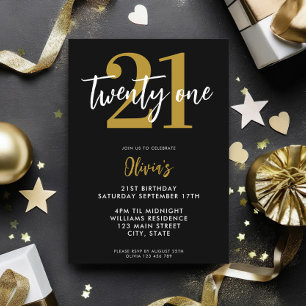 Invitation Black and Gold Elegant 21e anniversaire moderne
