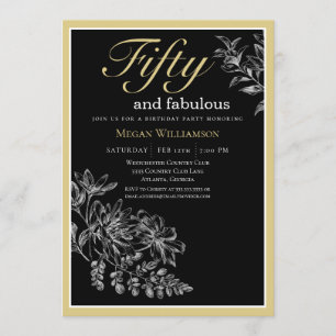 Invitation Black and Gold Floral 50 et Fabulous Birthday