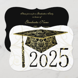 Invitation Black and Gold Floral Casquette 2025 Graduation Pa