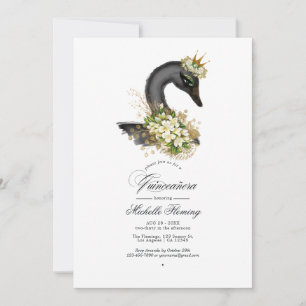 Invitation Black and Gold Floral Swan Quinceañera Photo