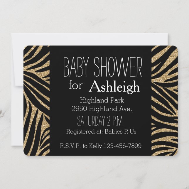 Invitation Black and Gold Glitter Zebra Print baby shower (Devant)