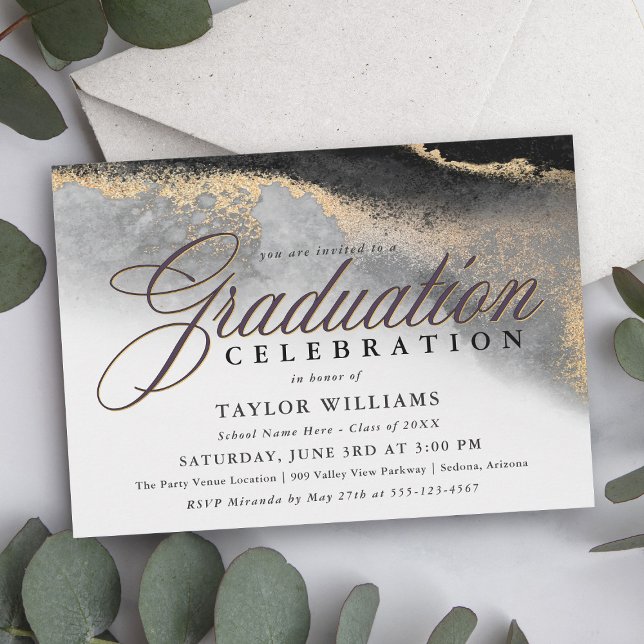 Invitation Black and Gold Modern Abstraite Graduation Party (A modern sophisticated graduation party invitation with an abstract black and gold background.)