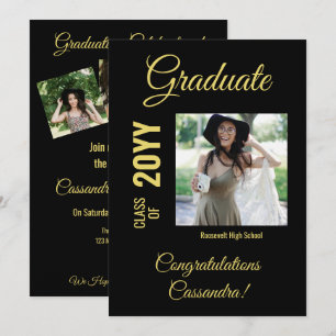 Invitation Black and Gold Modern Photo Graduation Party