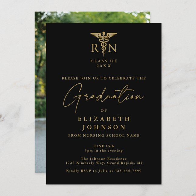 Invitation Black And Gold Nursing Photo Graduation Party (Devant / Derrière)