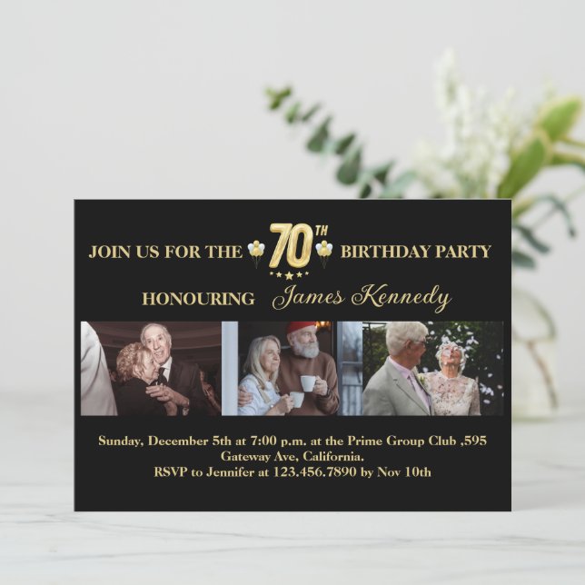 Invitation Black and Gold Photo Collage 70th Birthday Party (Debout devant)