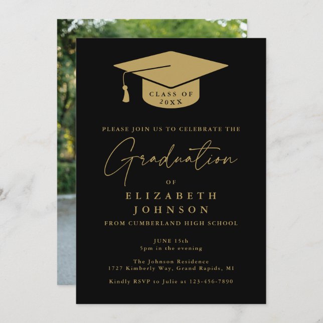Invitation Black And Gold Photo Graduation Party (Devant / Derrière)