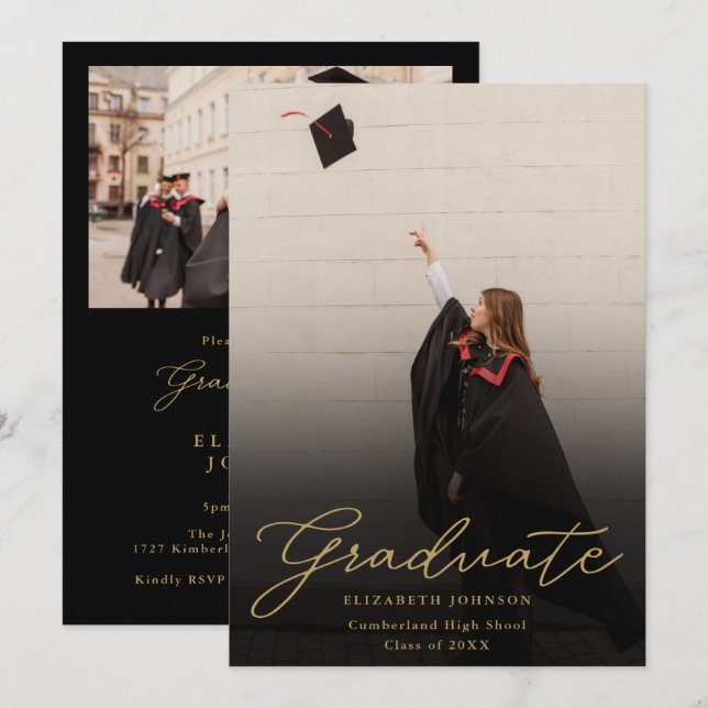 Invitation Black And Gold Photo Script Graduation Party (Devant / Derrière)
