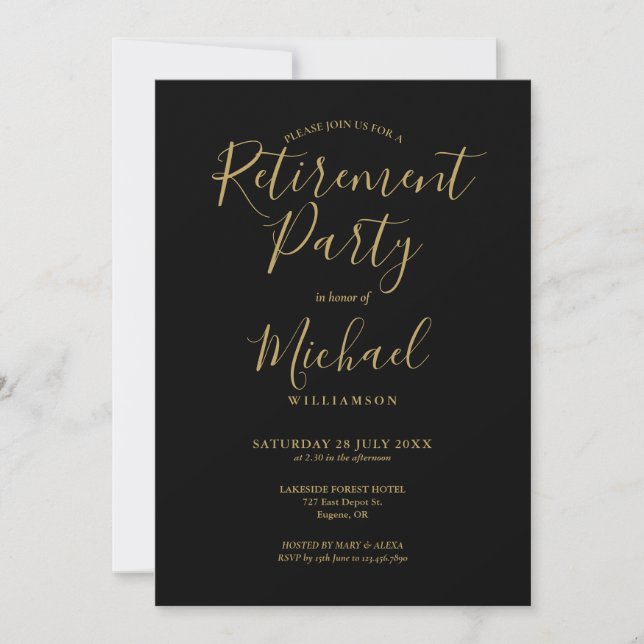 Invitation Black And Gold Script Photo Retirement Party (Devant)