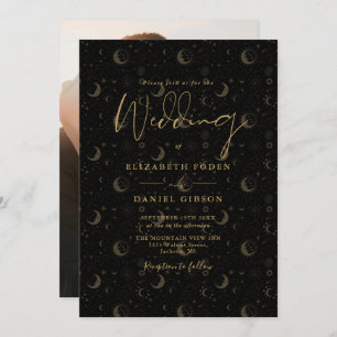 Invitation Black And Gold Stars Moon Photo Mariage céleste