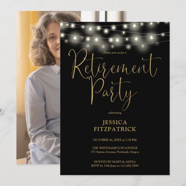 Invitation Black And Gold String Light Photo RetiParty (Devant / Derrière)