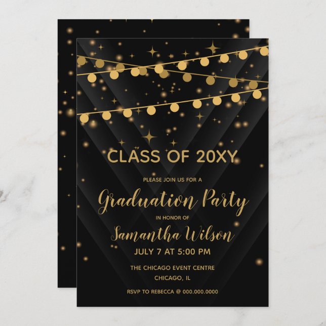 Invitation Black and Gold String Lights Graduation Party (Devant / Derrière)