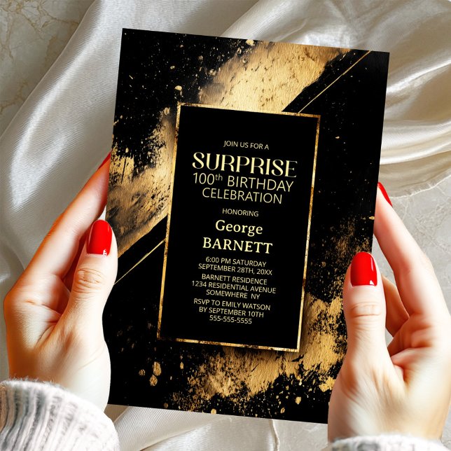 Invitation Black and Gold Surprise 100e fête d'anniversaire (Créateur téléchargé)