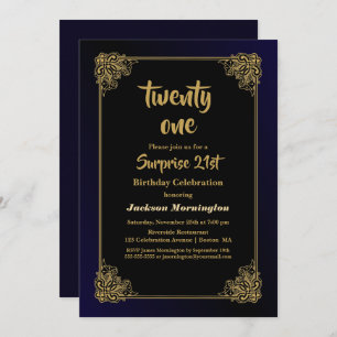Invitation Black and Gold Surprise 21e fête d'anniversaire