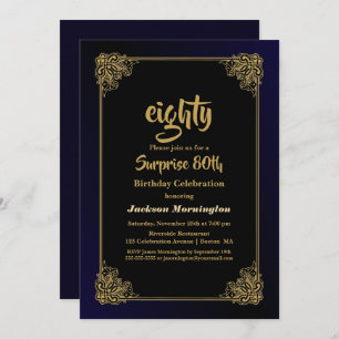 Invitation Black and Gold Surprise 80e fête d'anniversaire