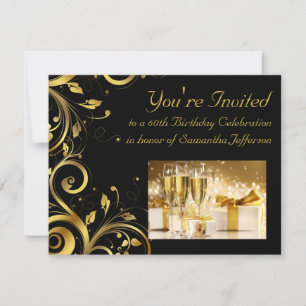 Invitation Black and Gold Swirl, Custom 60e anniversaire