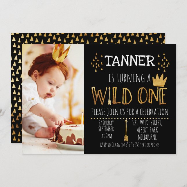 Invitation Black And Gold Wild Photo 1er Anniversaire Invitat (Devant / Derrière)