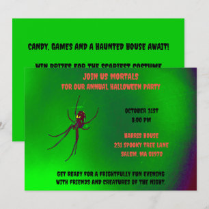 Invitation Black and Green Halloween Scary Black Spider