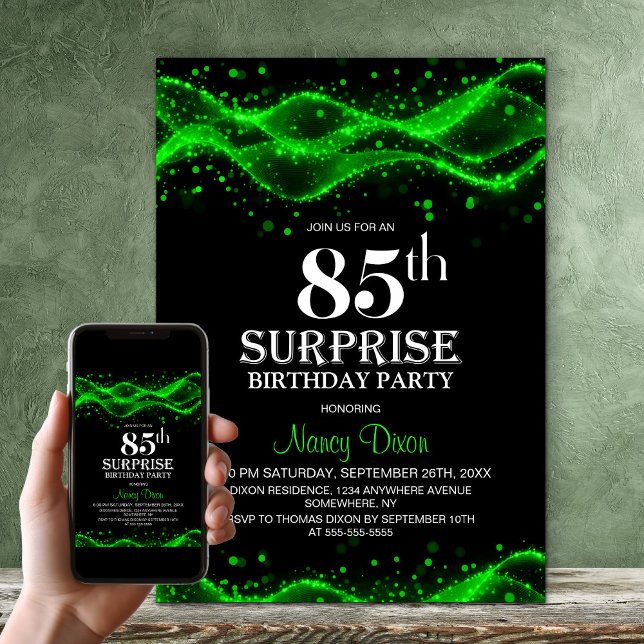 Invitation Black and Green Surprise 85e fête d'anniversaire (Créateur téléchargé)