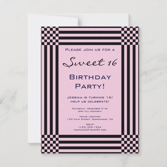 Invitation Black and Hot Pink Stripes Sweet 16 Anniversaire (Devant)