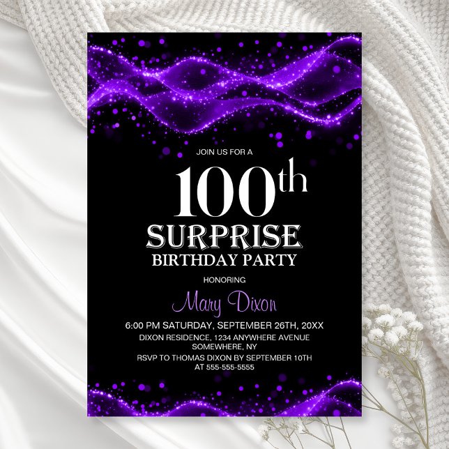 Invitation Black and Purple Surprise 100e fête d'anniversaire (Créateur téléchargé)