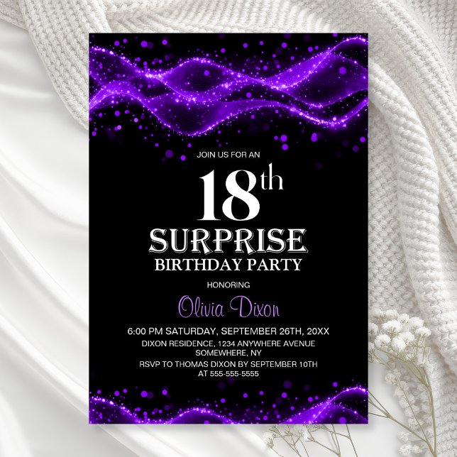 Invitation Black and Purple Surprise 18ème anniversaire (Créateur téléchargé)