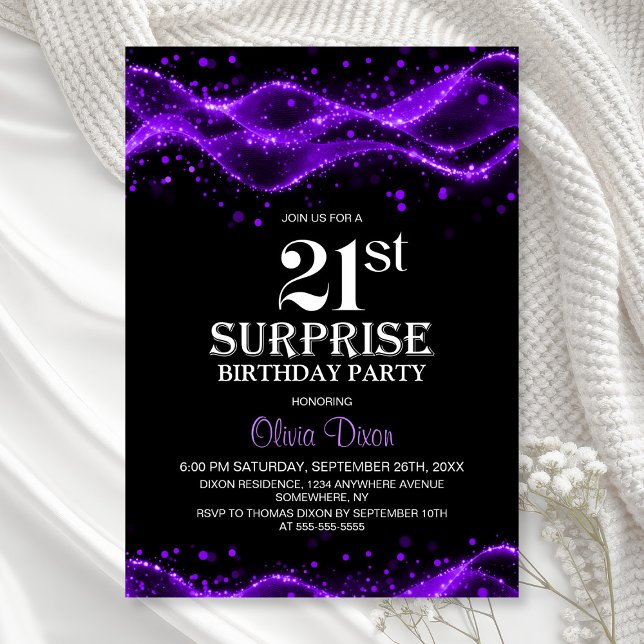 Invitation Black and Purple Surprise 21ème anniversaire (Créateur téléchargé)