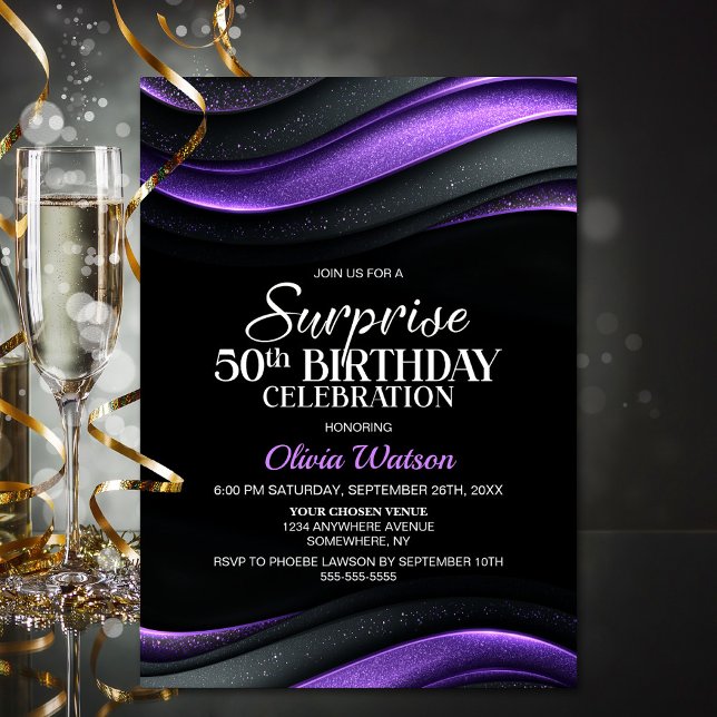 Invitation Black and Purple Surprise 50th Birthday Party (Créateur téléchargé)