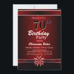 Invitation Black and Red 70th Birthday Party<br><div class="desc">Une invitation à la fête du 70e anniversaire rouge et noir avec un texte blanc et un ruban rouge et blanc et un arc. Remplacez les détails de cette invitation par les vôtres pour créer l'invitation parfaite de fête d'anniversaire pour votre événement.</div>