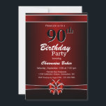 Invitation Black and Red 90th Birthday Party<br><div class="desc">Une invitation à la fête du 90e anniversaire rouge et noir avec un texte blanc et un ruban rouge et blanc et un arc. Remplacez les détails de cette invitation par les vôtres pour créer l'invitation parfaite de fête d'anniversaire pour votre événement.</div>
